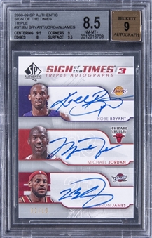 2008-09 SP Authentic "Sign of the Times 3" #ST-JBJ Michael Jordan/Kobe Bryant/LeBron James Triple Signed Card (#2/10) - BGS NM-MT+ 8.5/BGS 9